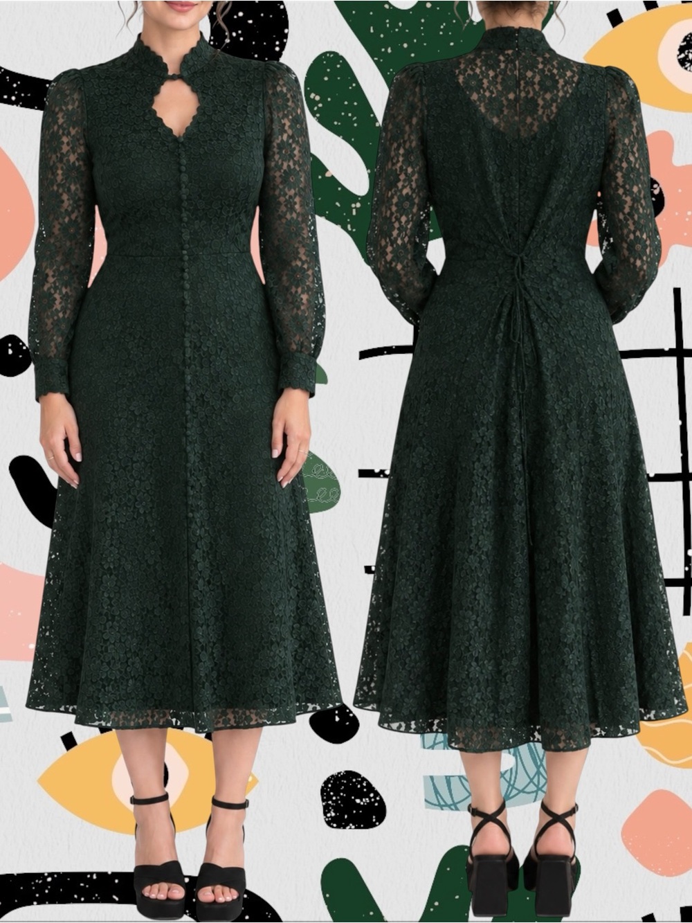Dawn Joy Fashions | Vintage Green Lace Long Sleeve Lace Up Back Midi Dress